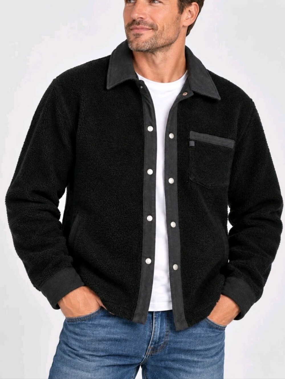 Wooly Bully Wear Black Wool Blend Leather Trim Snap Shirt Jacket Mens - Size M